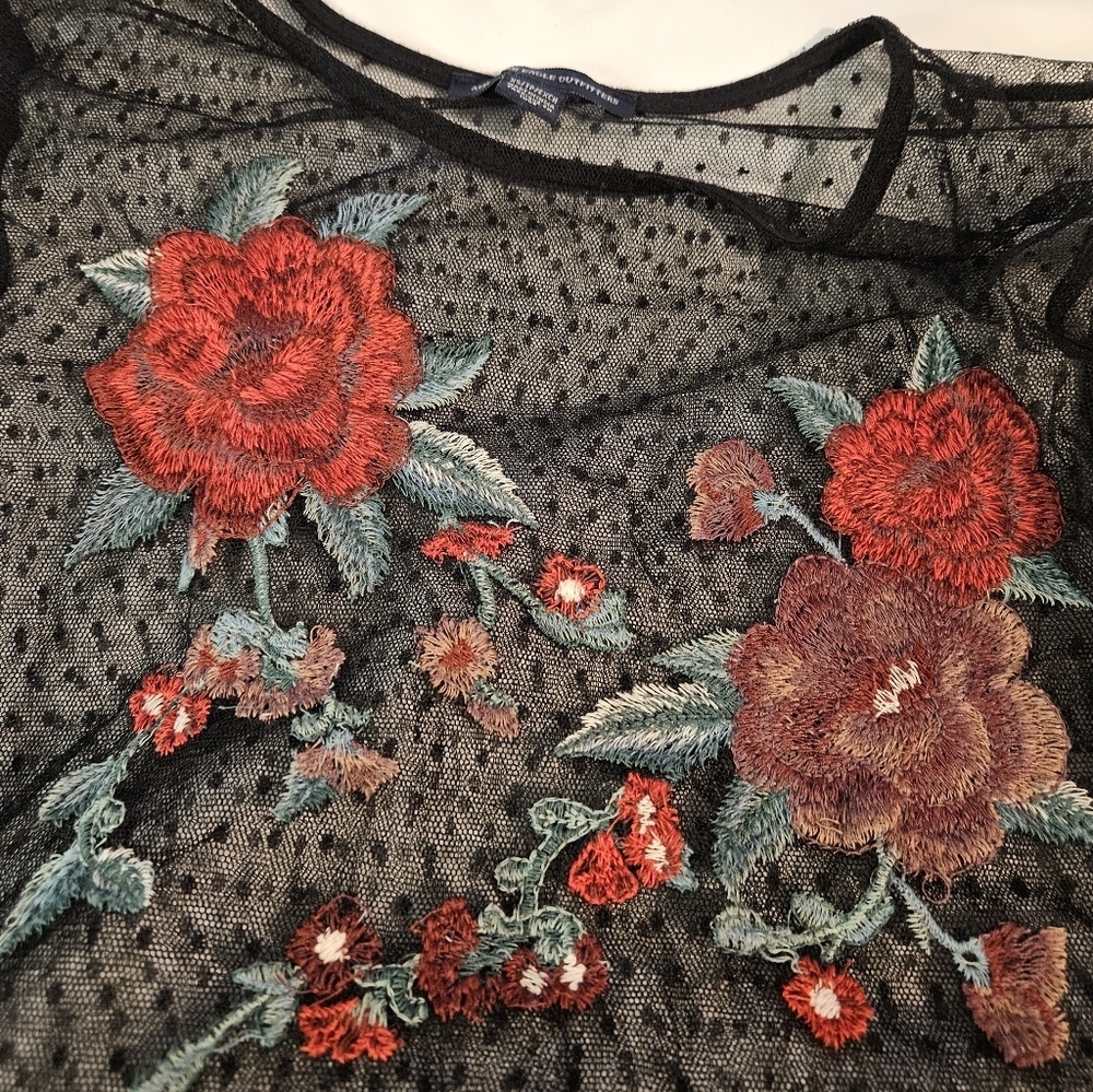 American Eagle Outfitters. Black Mesh Top with Red Floral Embroidery - Picture 3 of 3